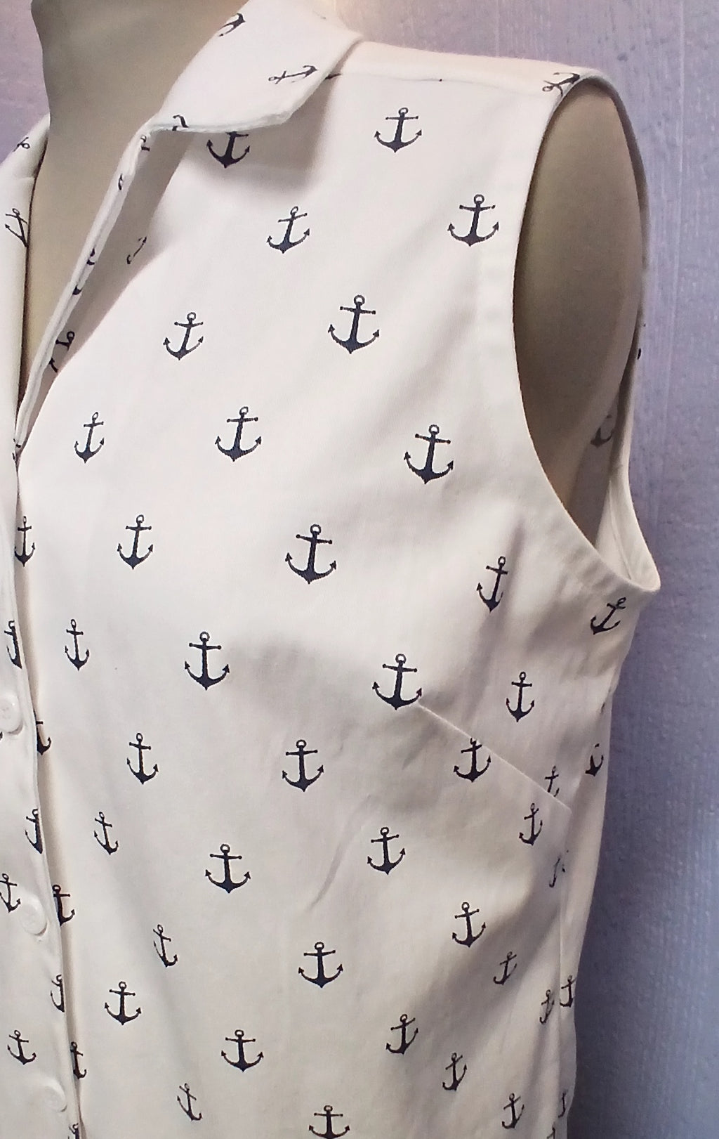 Women's Handmade Sleeveless Cotton Blouse, Navy Anchor Print, One of a Kind