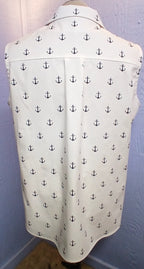 Women's Handmade Sleeveless Cotton Blouse, Navy Anchor Print, One of a Kind
