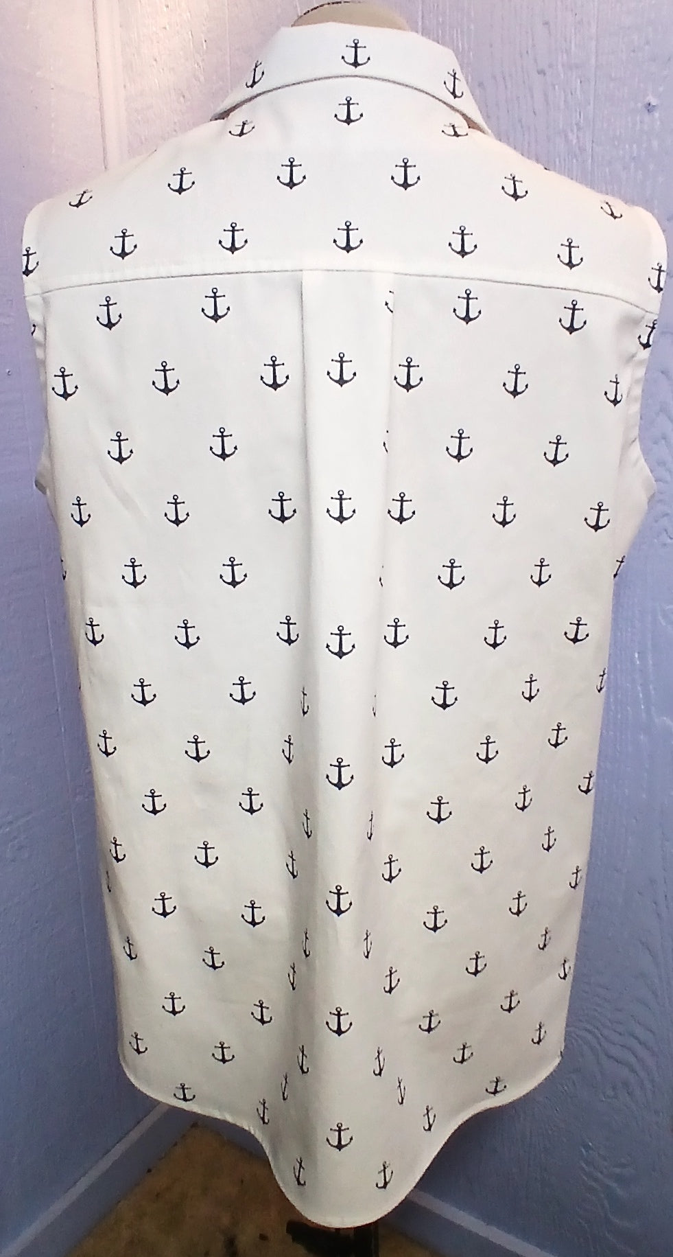 Women's Handmade Sleeveless Cotton Blouse, Navy Anchor Print, One of a Kind
