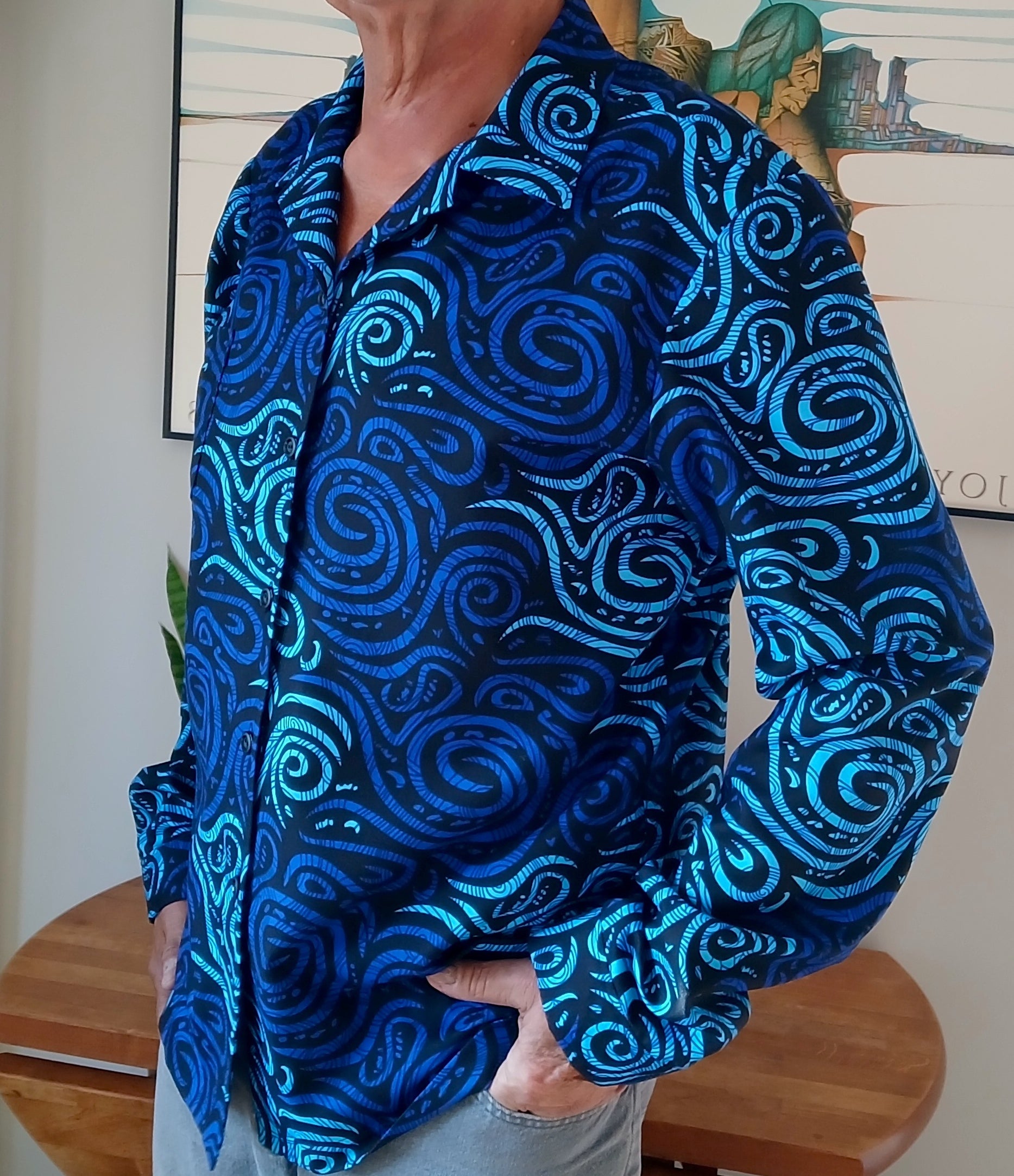 Men's African Wax Print Long Sleeve Shirt, Blue Black