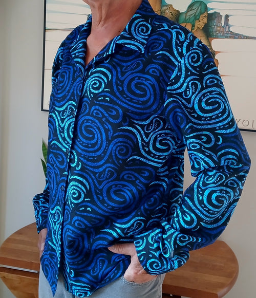 Handmade African Wax Print Long Sleeve Button-Up Shirt, Blue & Black Geometric, Sizes M–XL