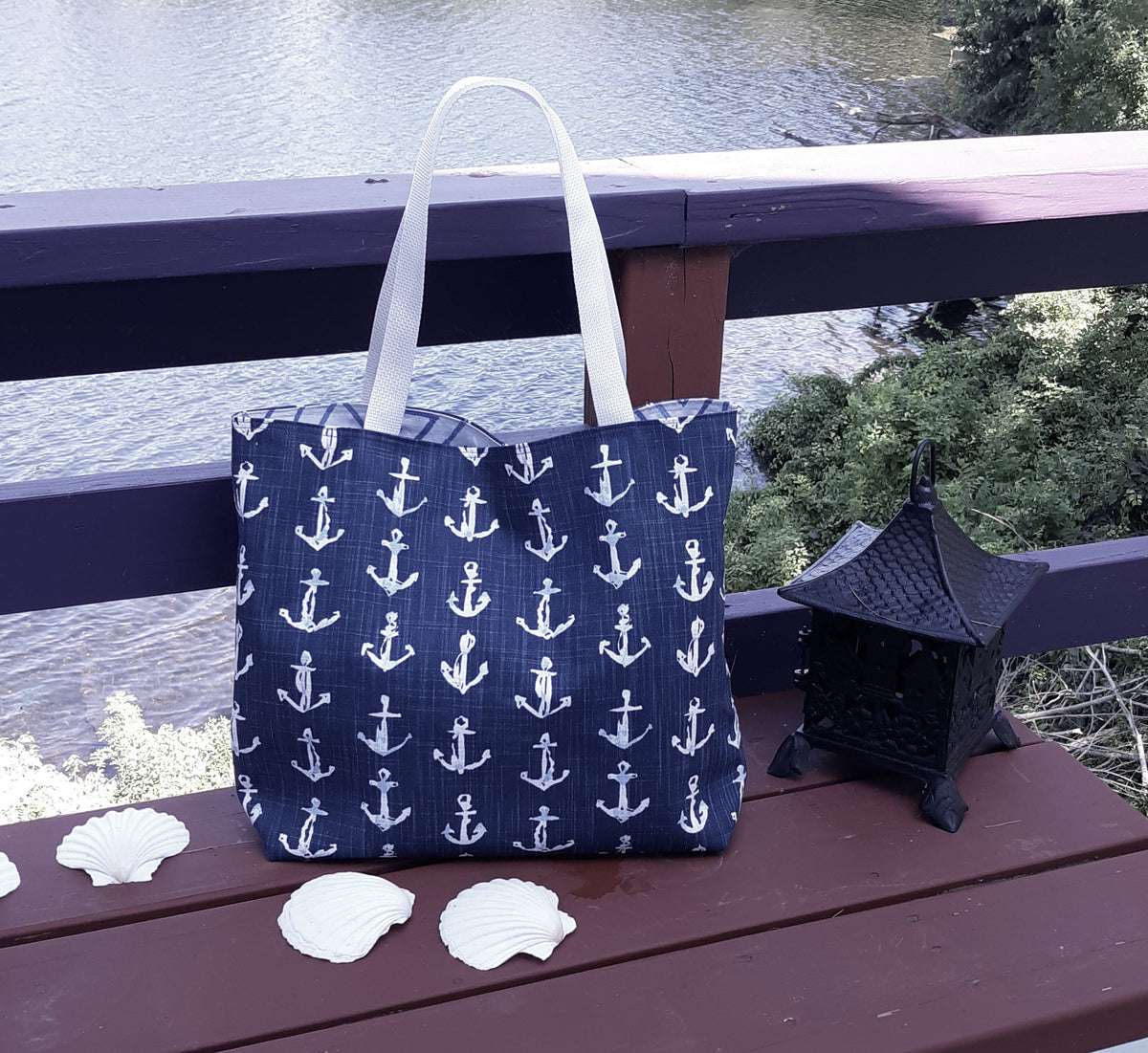 Handmade Navy Anchor Tote Bag in Water-Resistant Outdoor Fabric