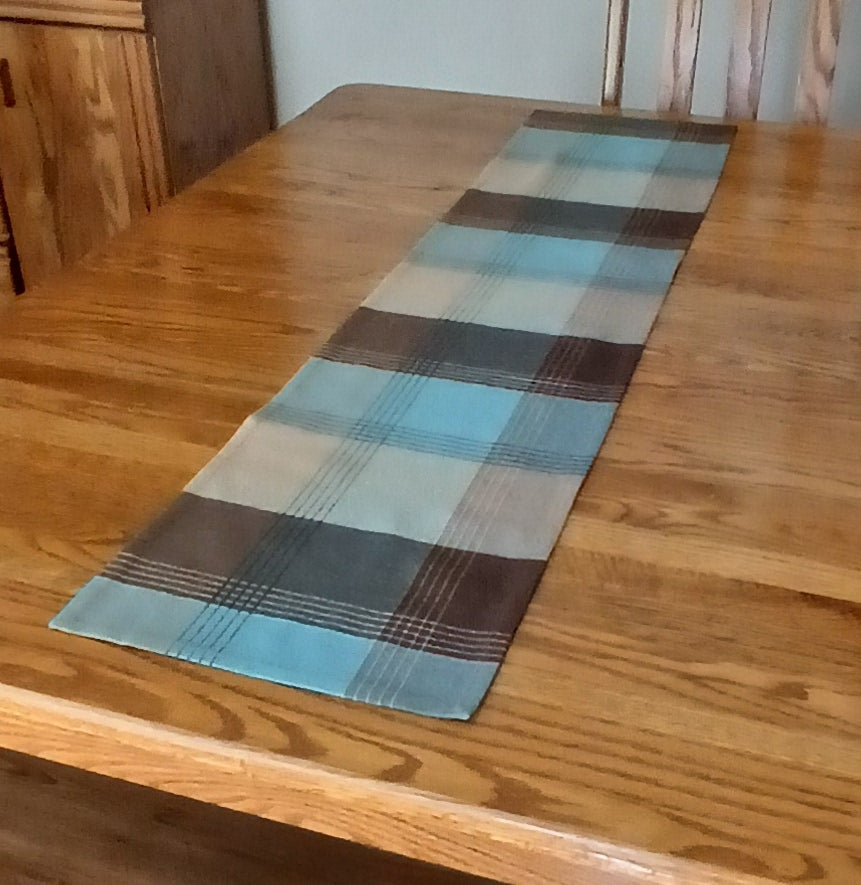 Woven Plaid Table Runner, Blue Brown 100% Cotton
