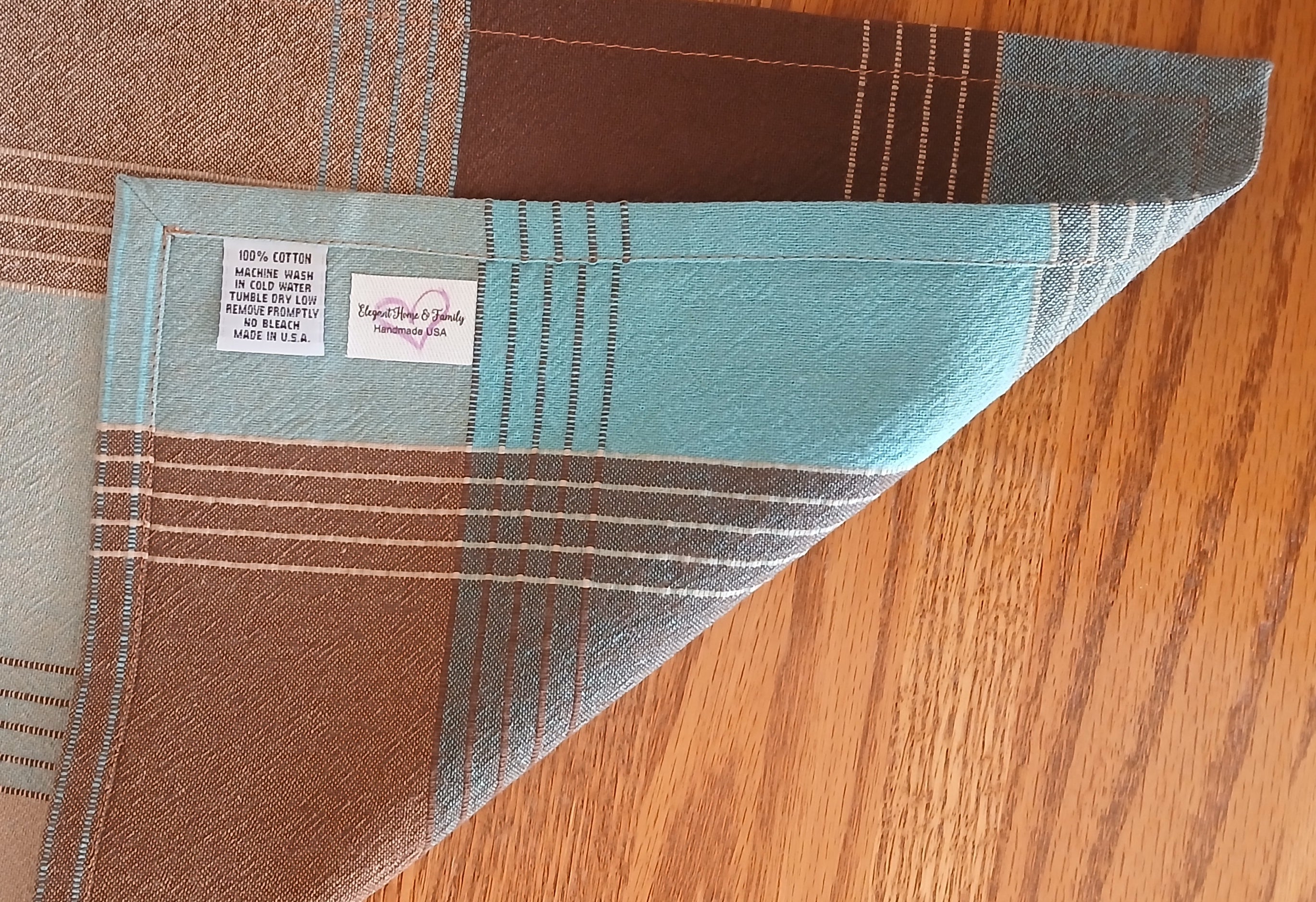 Woven Plaid Table Runner, Blue Brown 100% Cotton