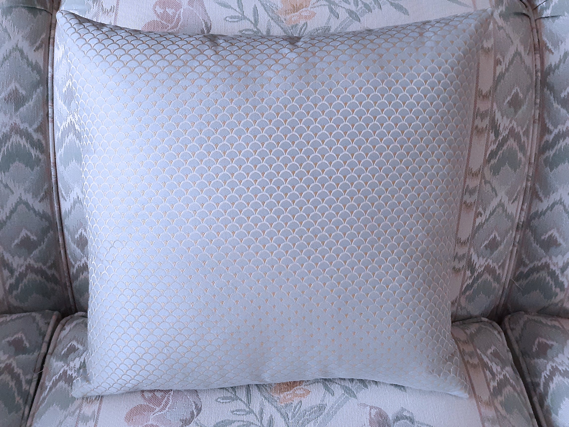 Handmade Blue Brocade Throw Pillow Cover, 18"x18", Mid-Century Modern Scallop Pattern, Decorator Fabric
