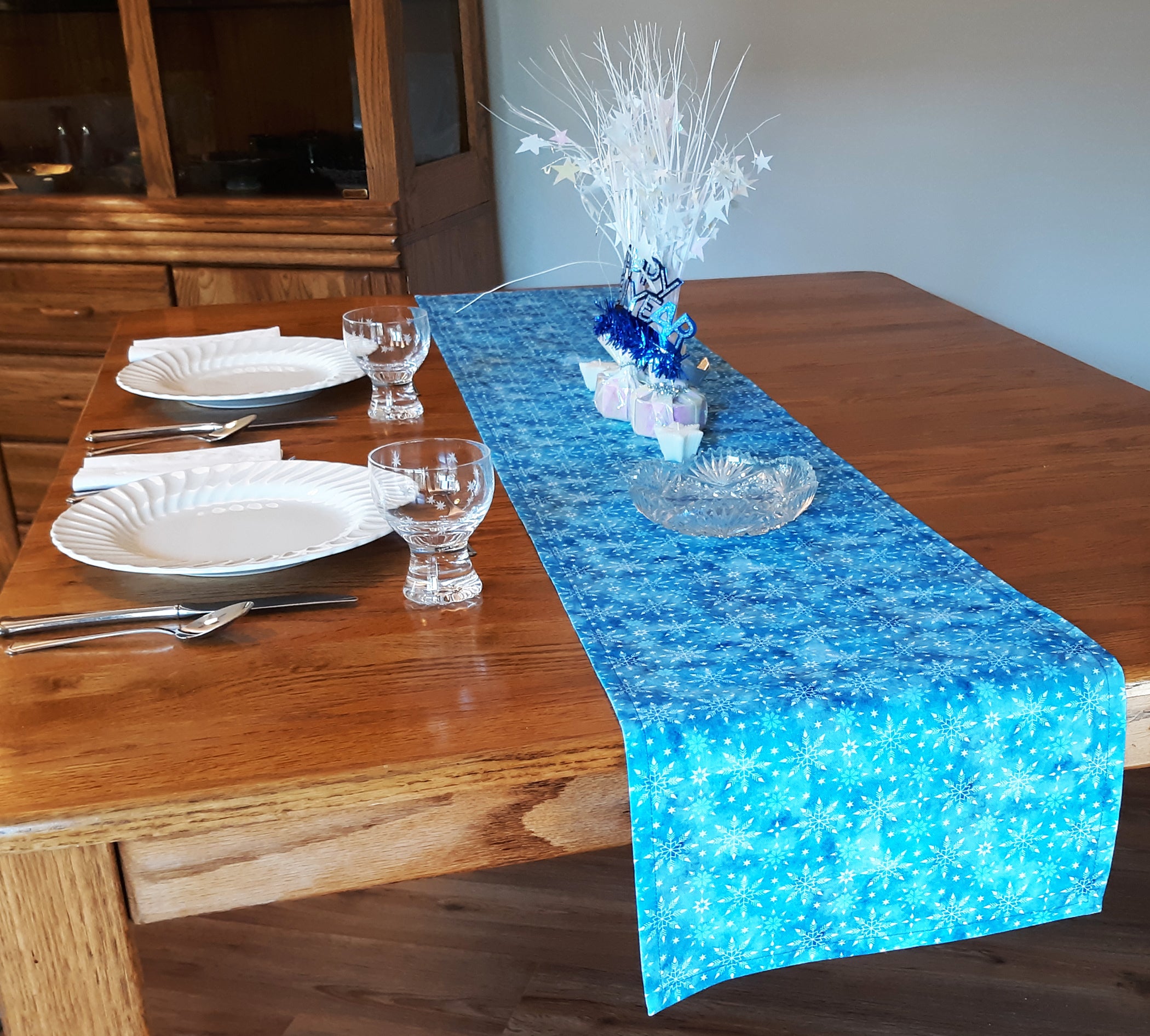 Patina Blue Table Runner, 100% Cotton, Winter Theme