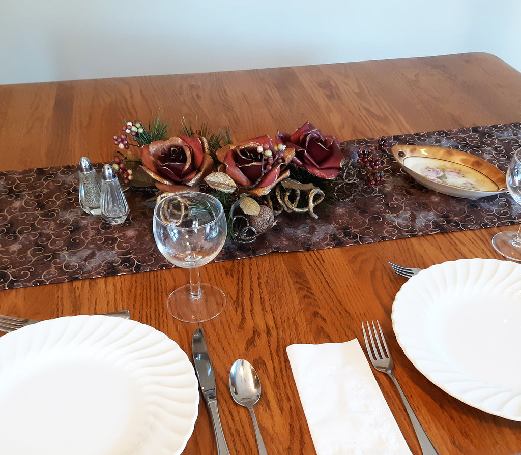 Victorian Design Table Runner, Brown Rose Gold, 100% Cotton