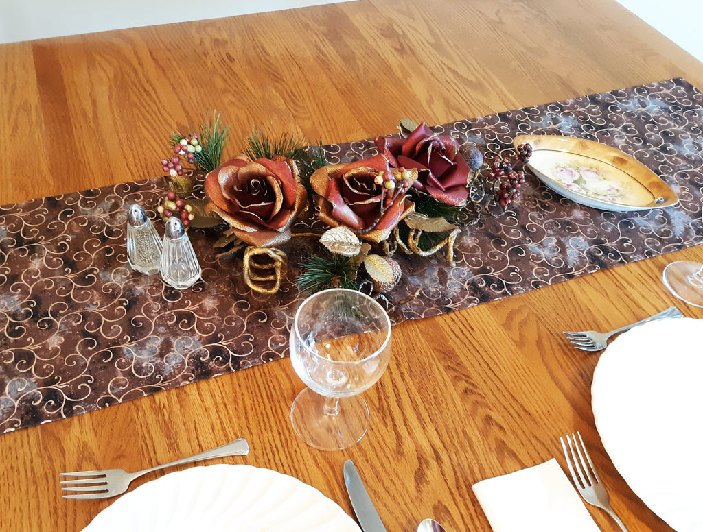 Victorian Design Table Runner, Brown Rose Gold, 100% Cotton