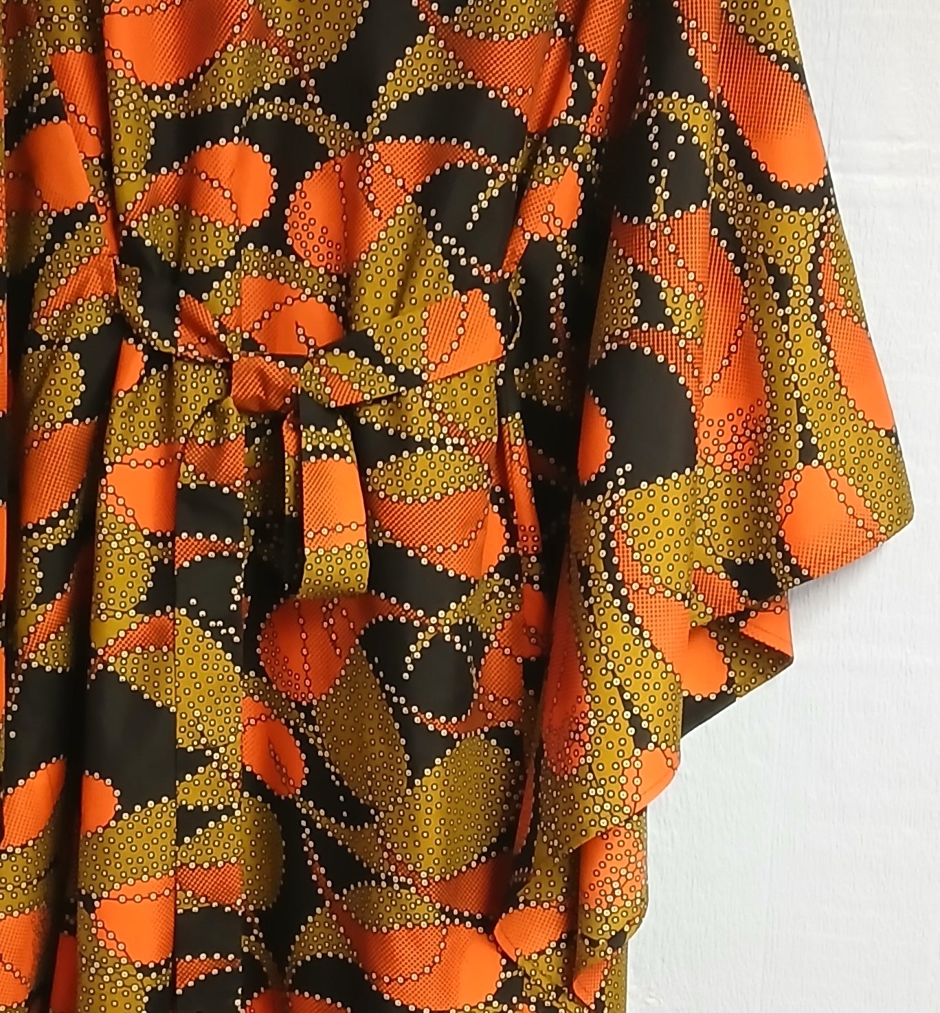 African Design Caftan, Orange Black Wax Print, Handmade