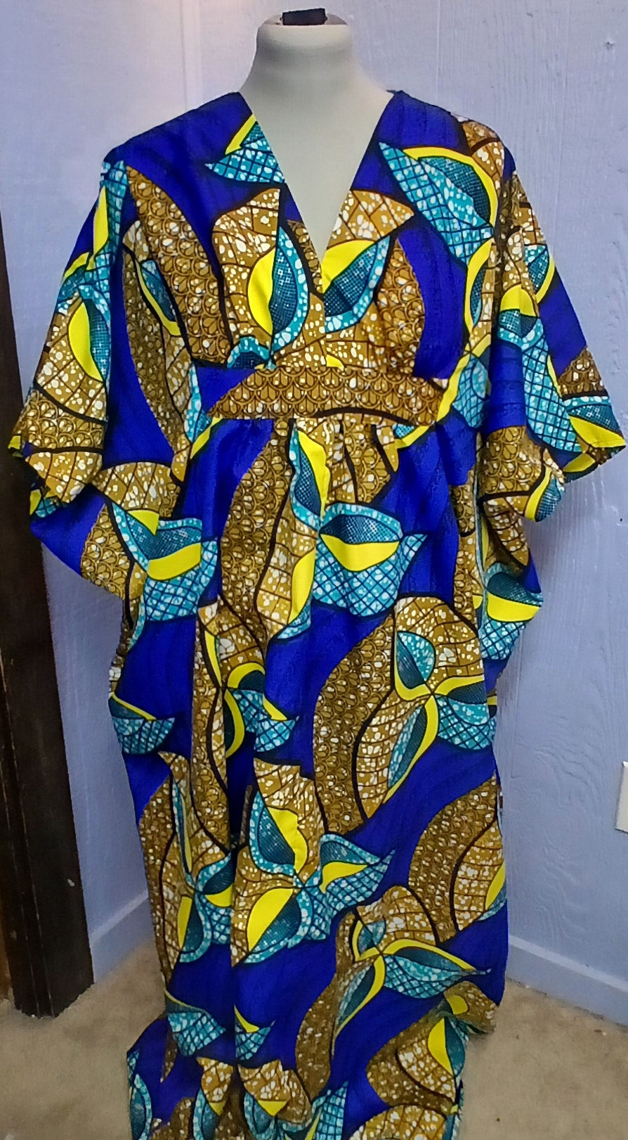 African Wax Print Caftan | Blue & Gold | Silky Polyester | Handmade | Size Large