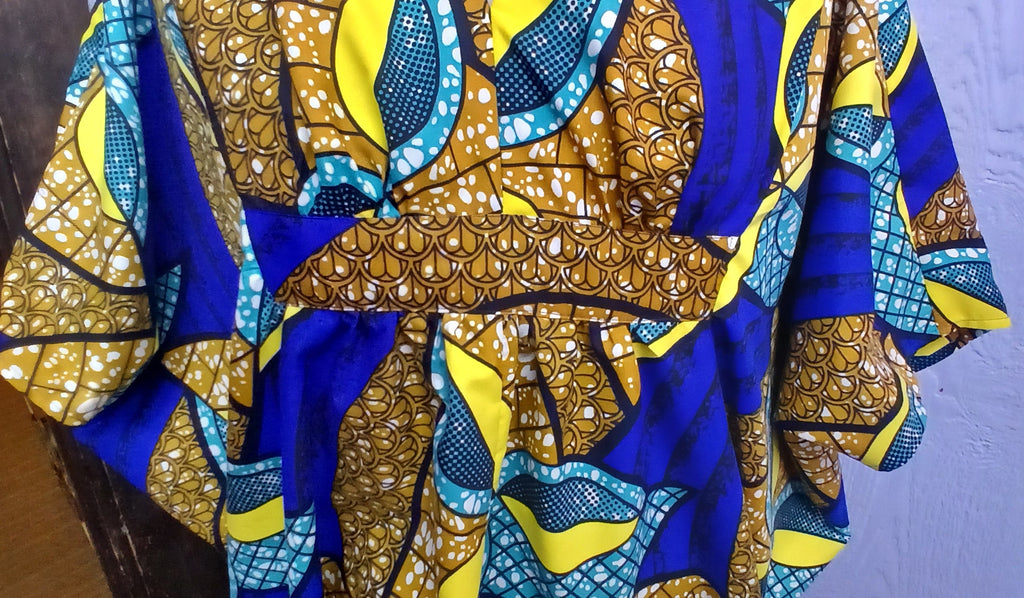 African Wax Print Caftan | Blue & Gold | Silky Polyester | Handmade | Size Large