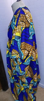 African Wax Print Caftan | Blue & Gold | Silky Polyester | Handmade | Size Large