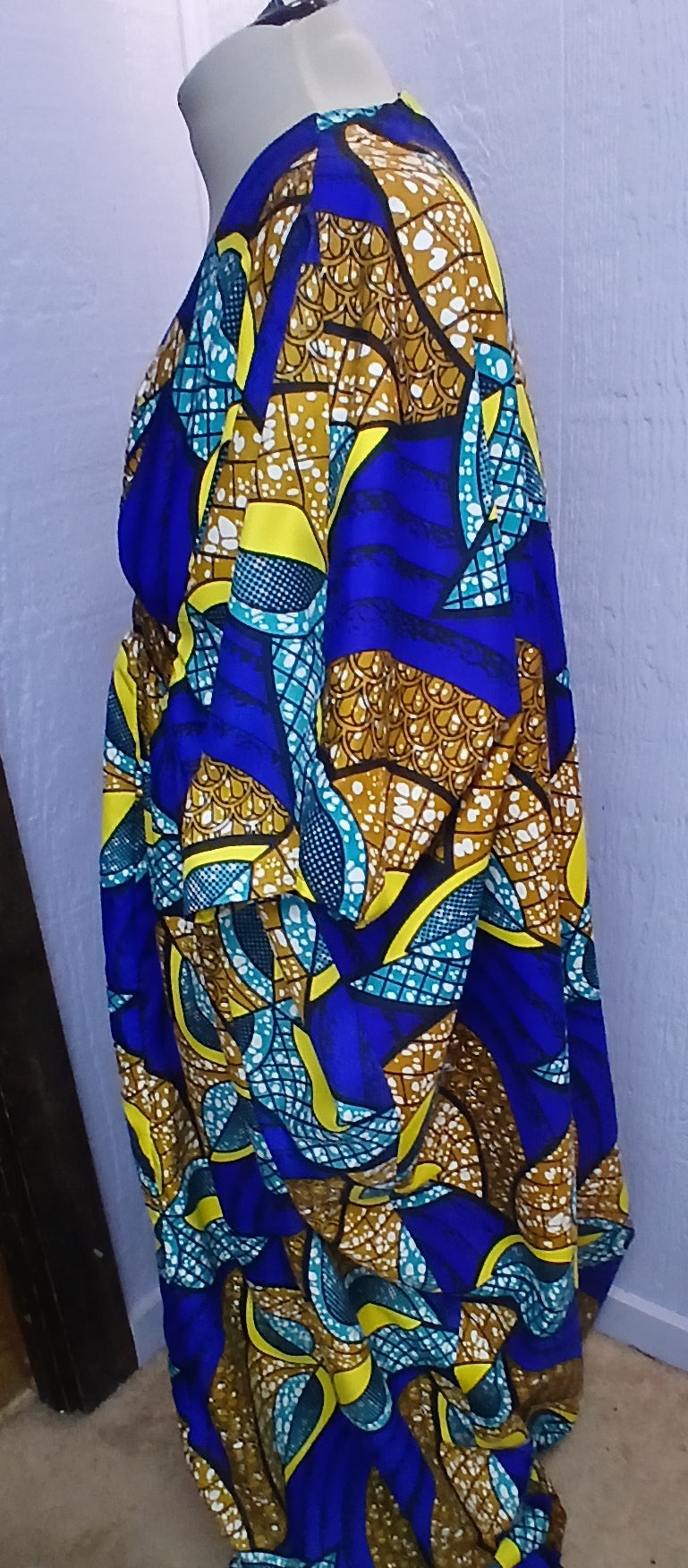 African Wax Print Caftan | Blue & Gold | Silky Polyester | Handmade | Size Large