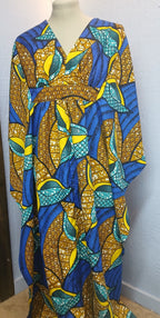 African Wax Print Caftan | Blue & Gold | Silky Polyester | Handmade | Size Large