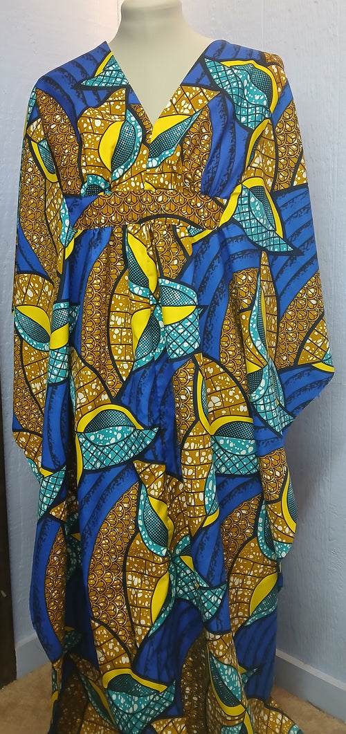 African Wax Print Caftan | Blue & Gold | Silky Polyester | Handmade | Size Large