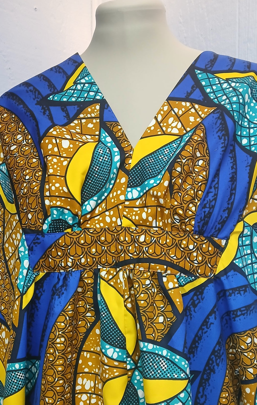African Wax Print Caftan | Blue & Gold | Silky Polyester | Handmade | Size Large