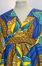 African Wax Print Caftan | Blue & Gold | Silky Polyester | Handmade | Size Large