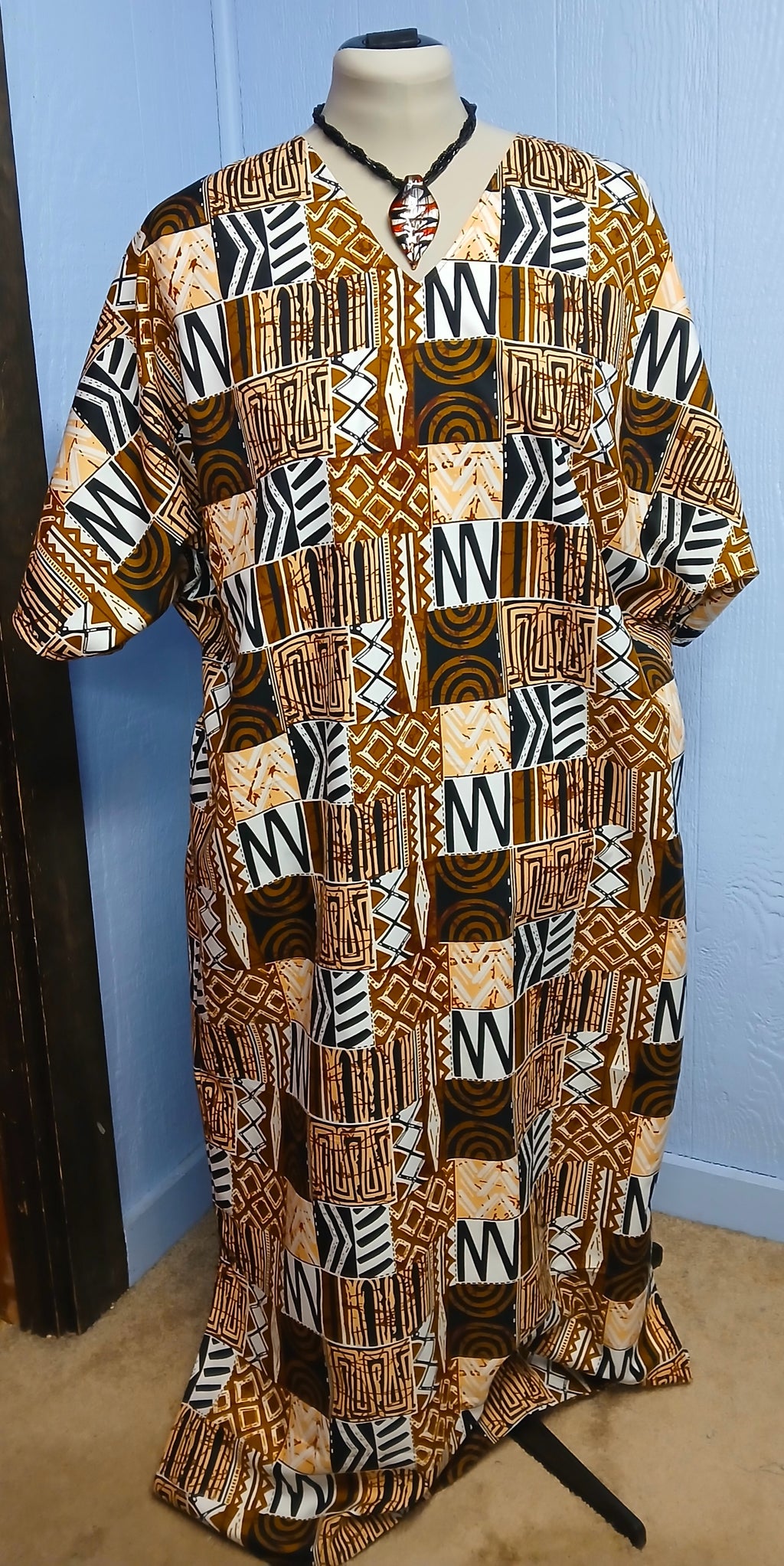 African Design Caftan, Brown Black Gold Wax Print