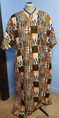 African Design Caftan, Brown Black Gold Wax Print