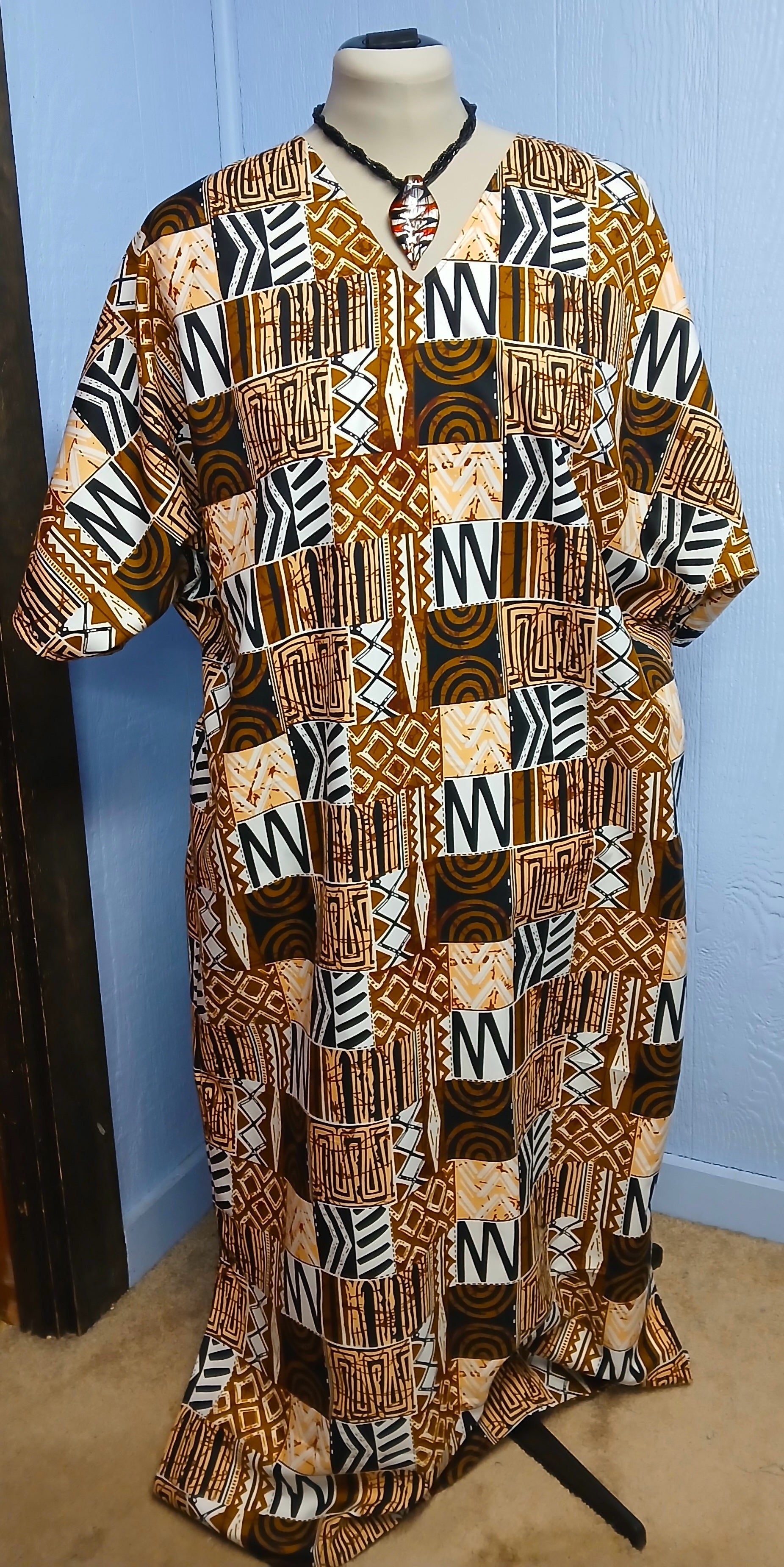 African Design Caftan, Brown Black Gold Wax Print