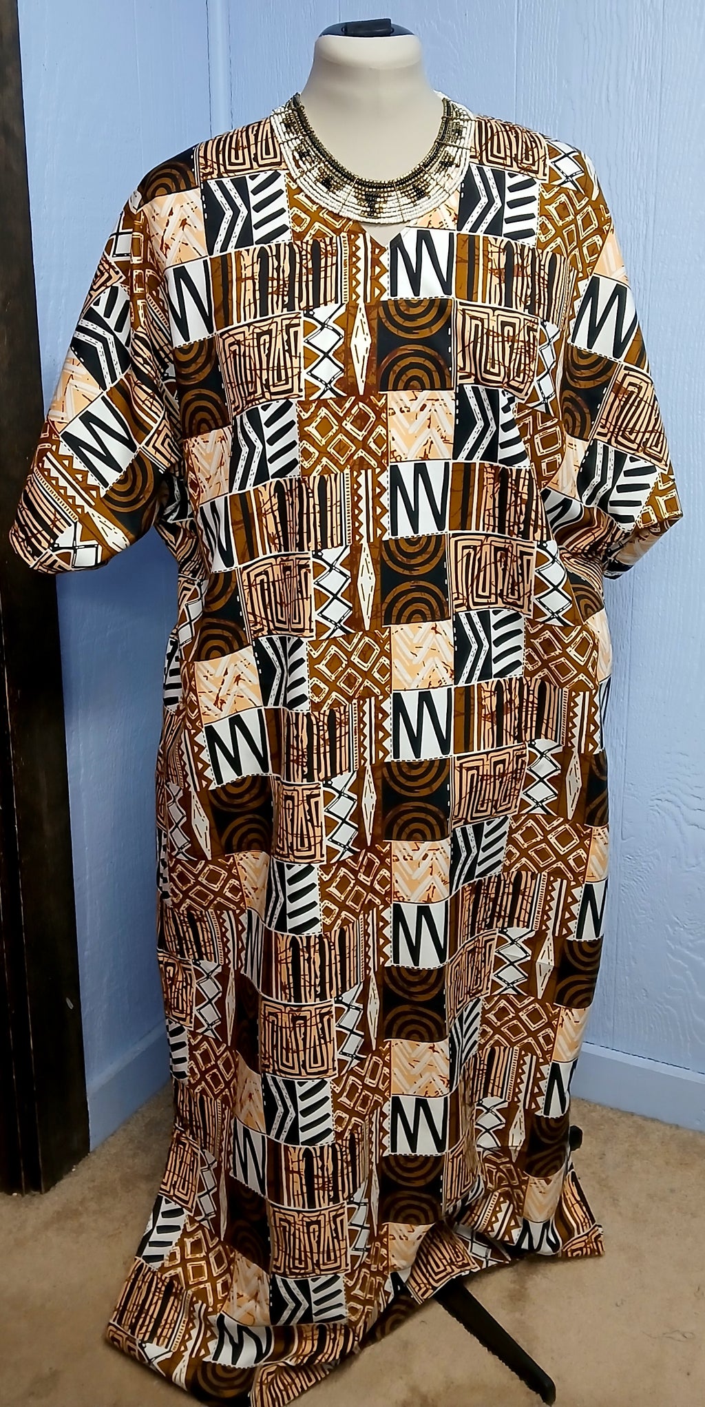 African Design Caftan, Brown Black Gold Wax Print