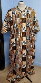 African Design Caftan, Brown Black Gold Wax Print
