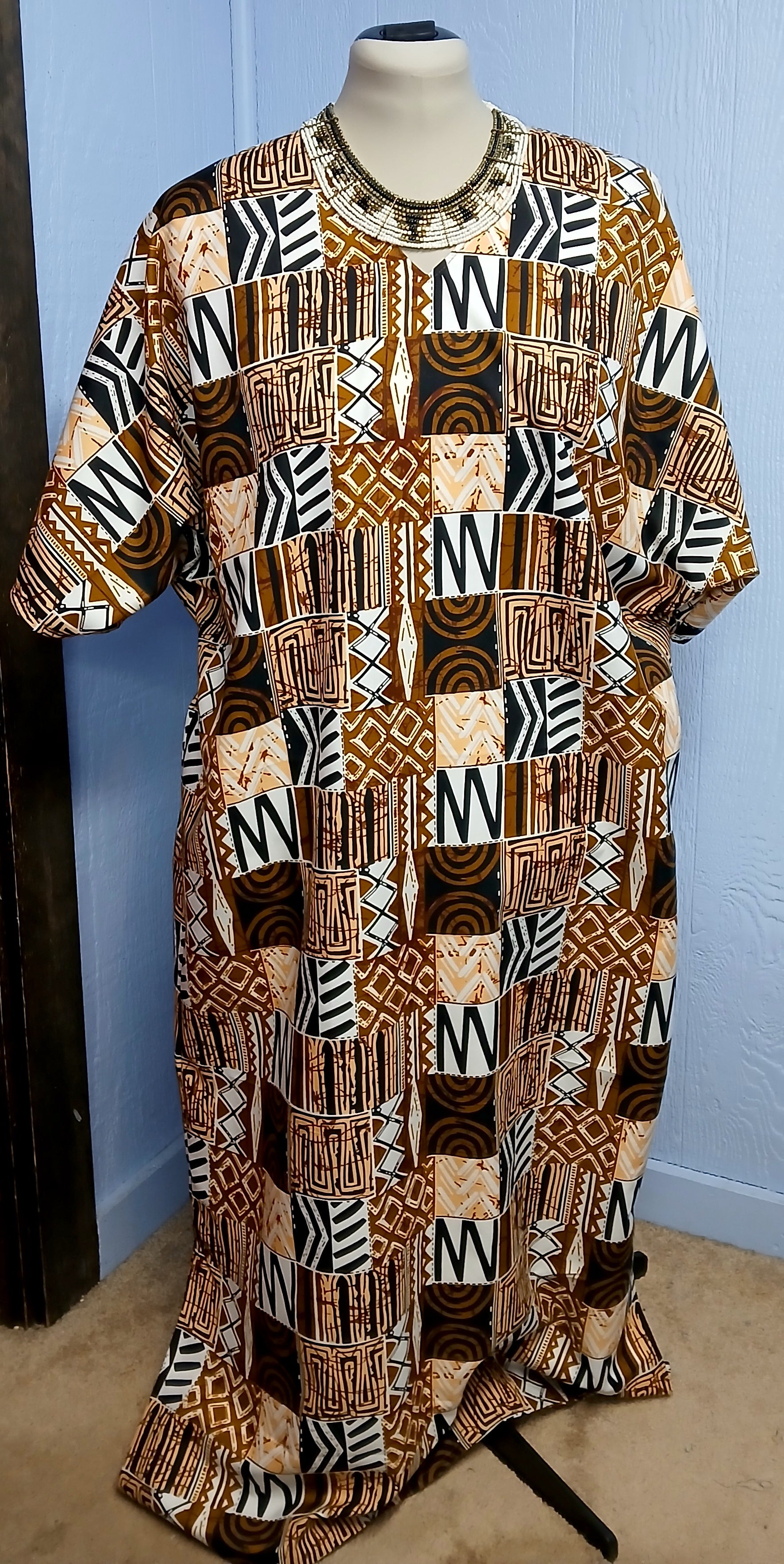 African Design Caftan, Brown Black Gold Wax Print
