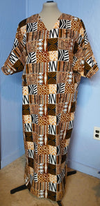African Design Caftan, Brown Black Gold Wax Print