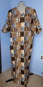 African Design Caftan, Brown Black Gold Wax Print