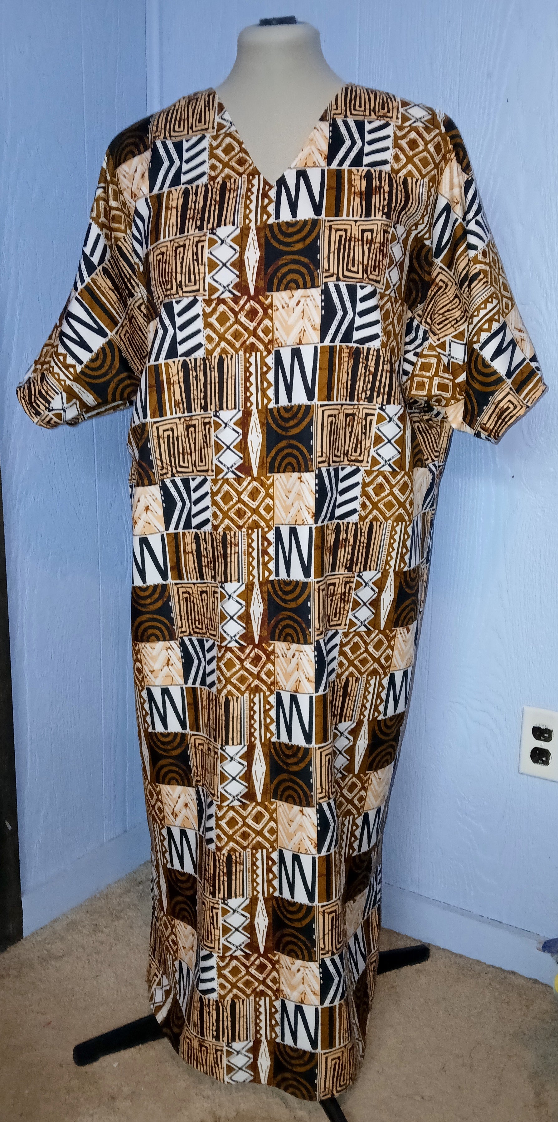 African Design Caftan, Brown Black Gold Wax Print