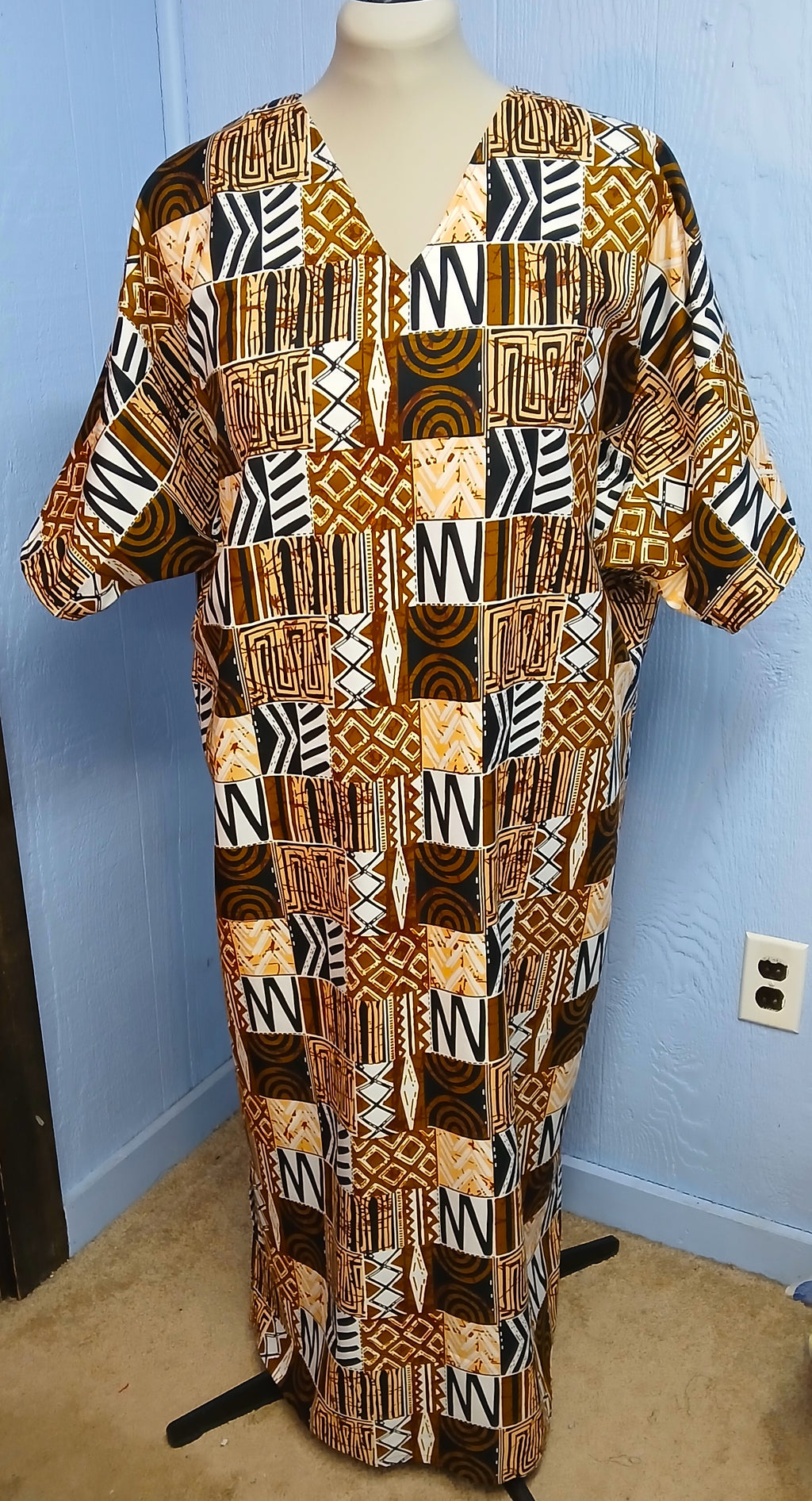 African Design Caftan, Brown Black Gold Wax Print