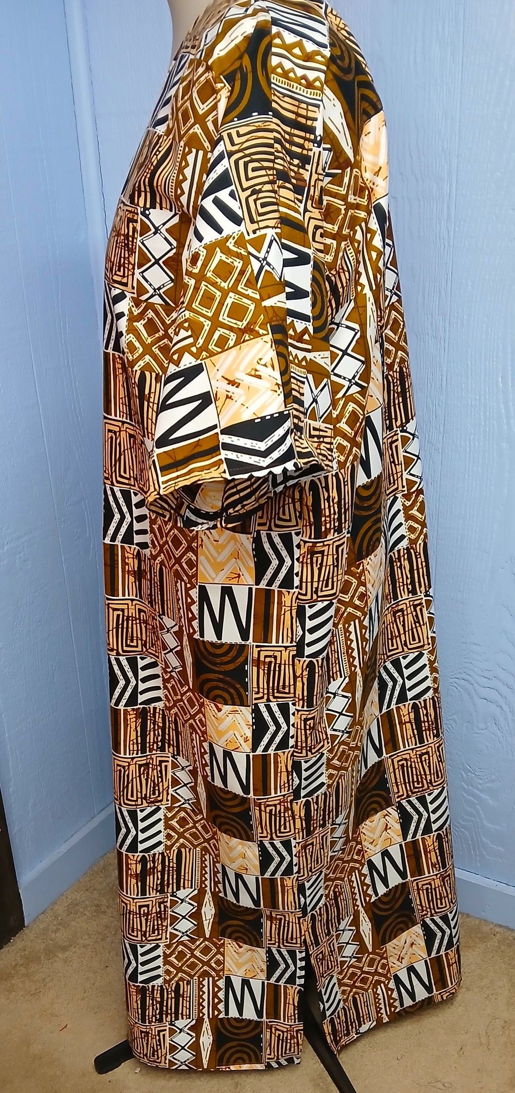 African Design Caftan, Brown Black Gold Wax Print