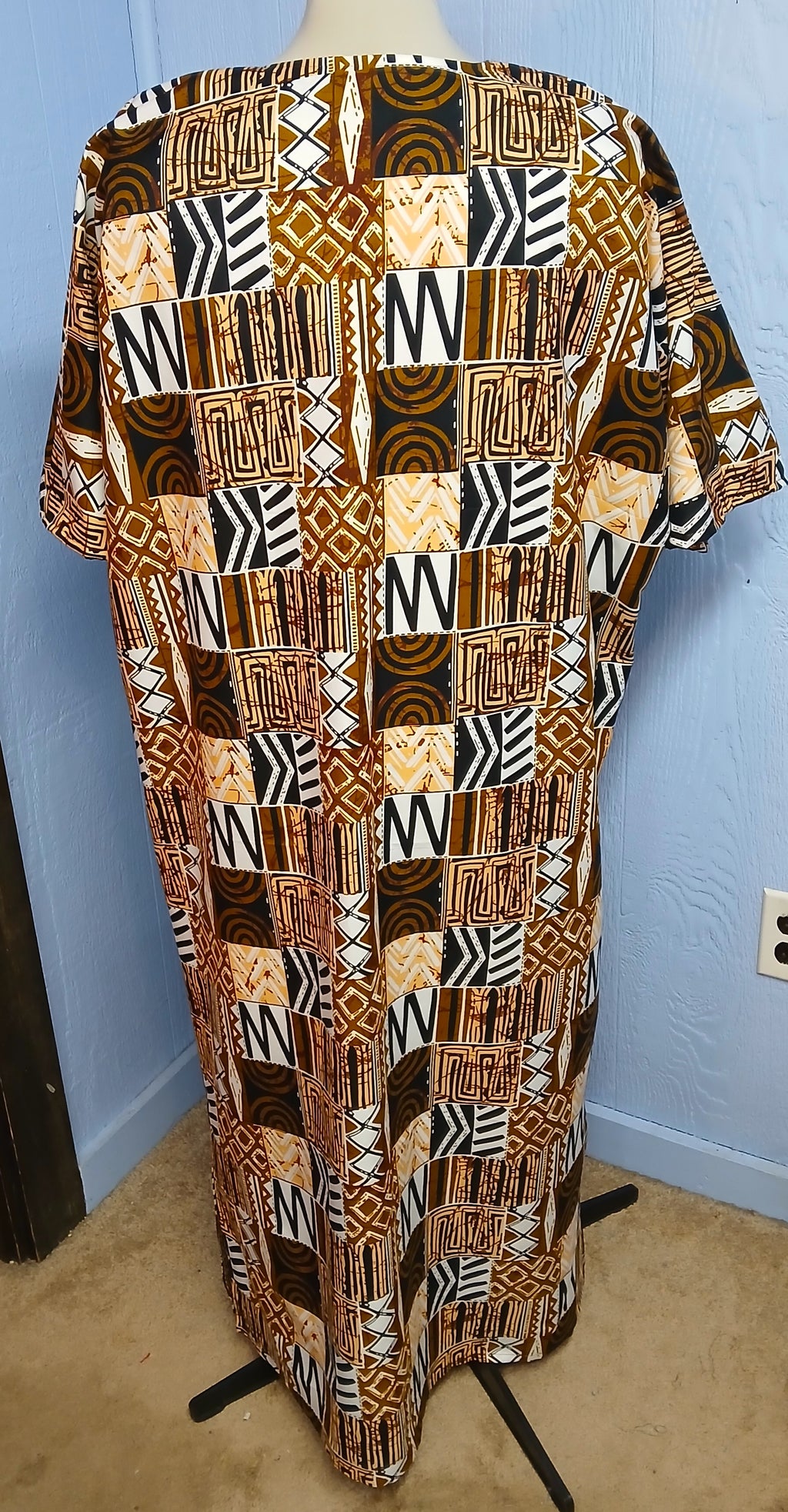 African Design Caftan, Brown Black Gold Wax Print