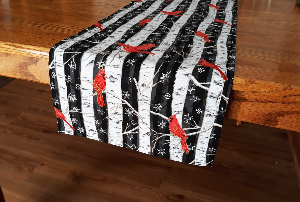 Winter Holidays Table Runner, Red Cardinals White Birches