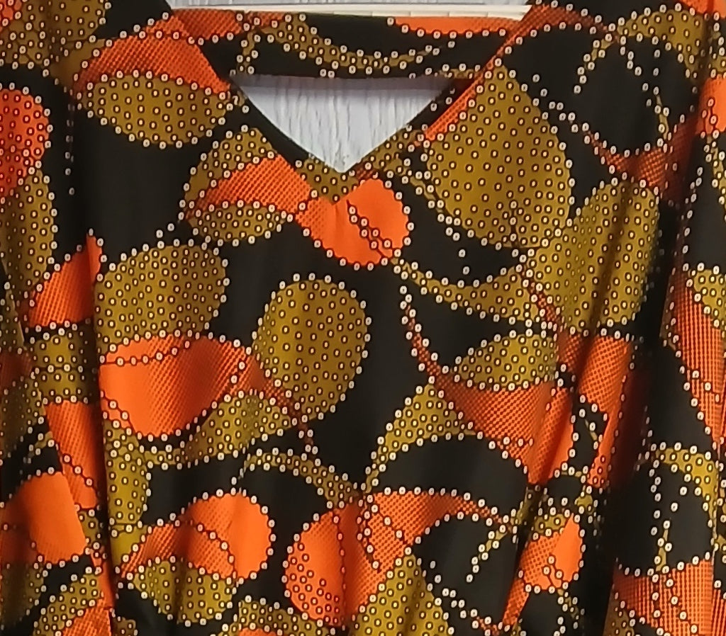 African Design Caftan, Orange Black Wax Print, Handmade