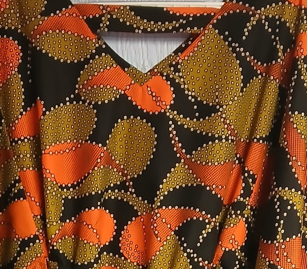 African Design Caftan, Orange Black Wax Print, Handmade