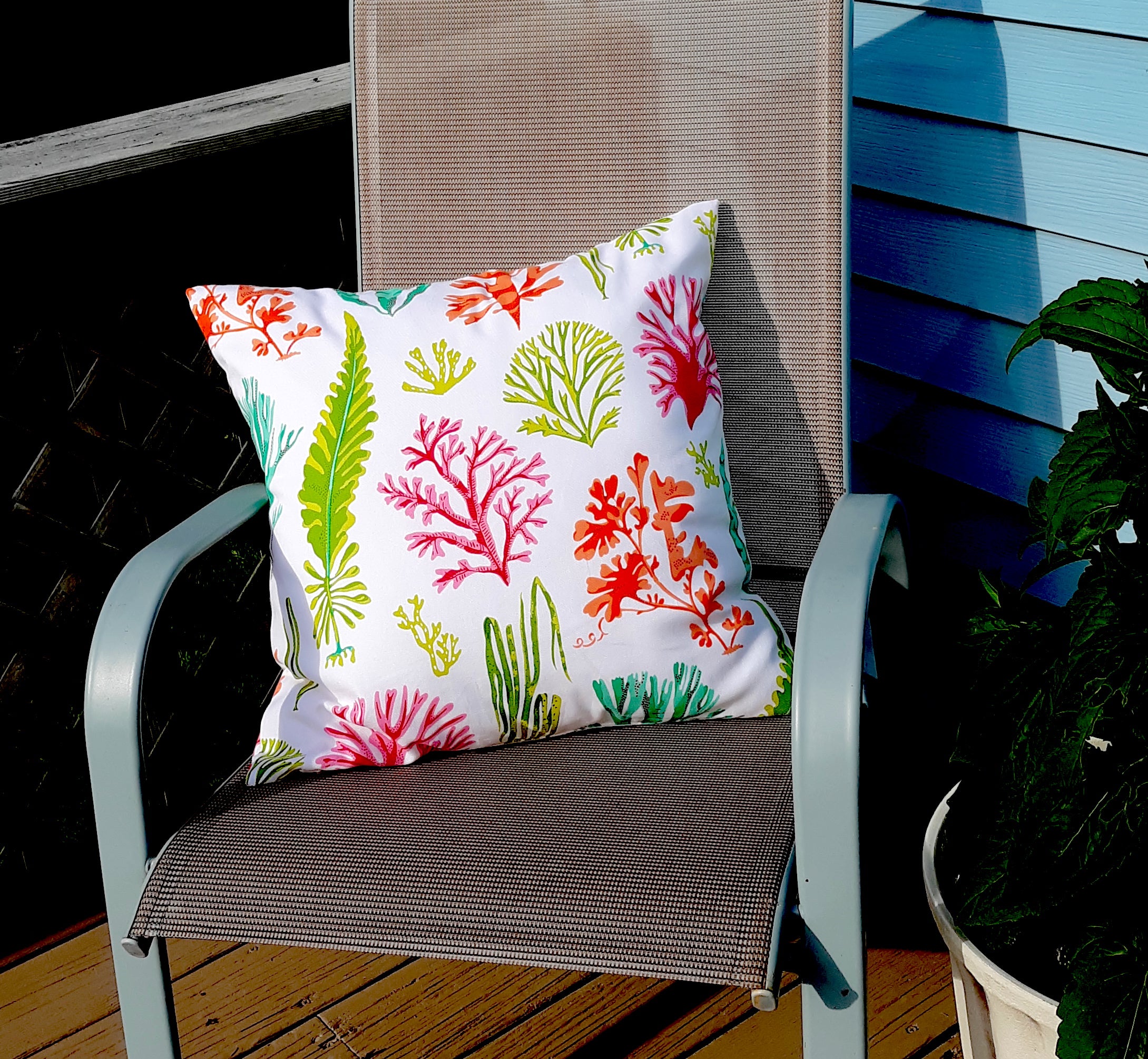 Coastal Design Throw Pillow Cover, Coral and Seaweed 100% Cotton