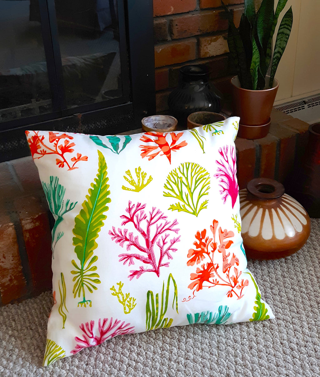 Coastal Design Throw Pillow Cover, Coral and Seaweed 100% Cotton