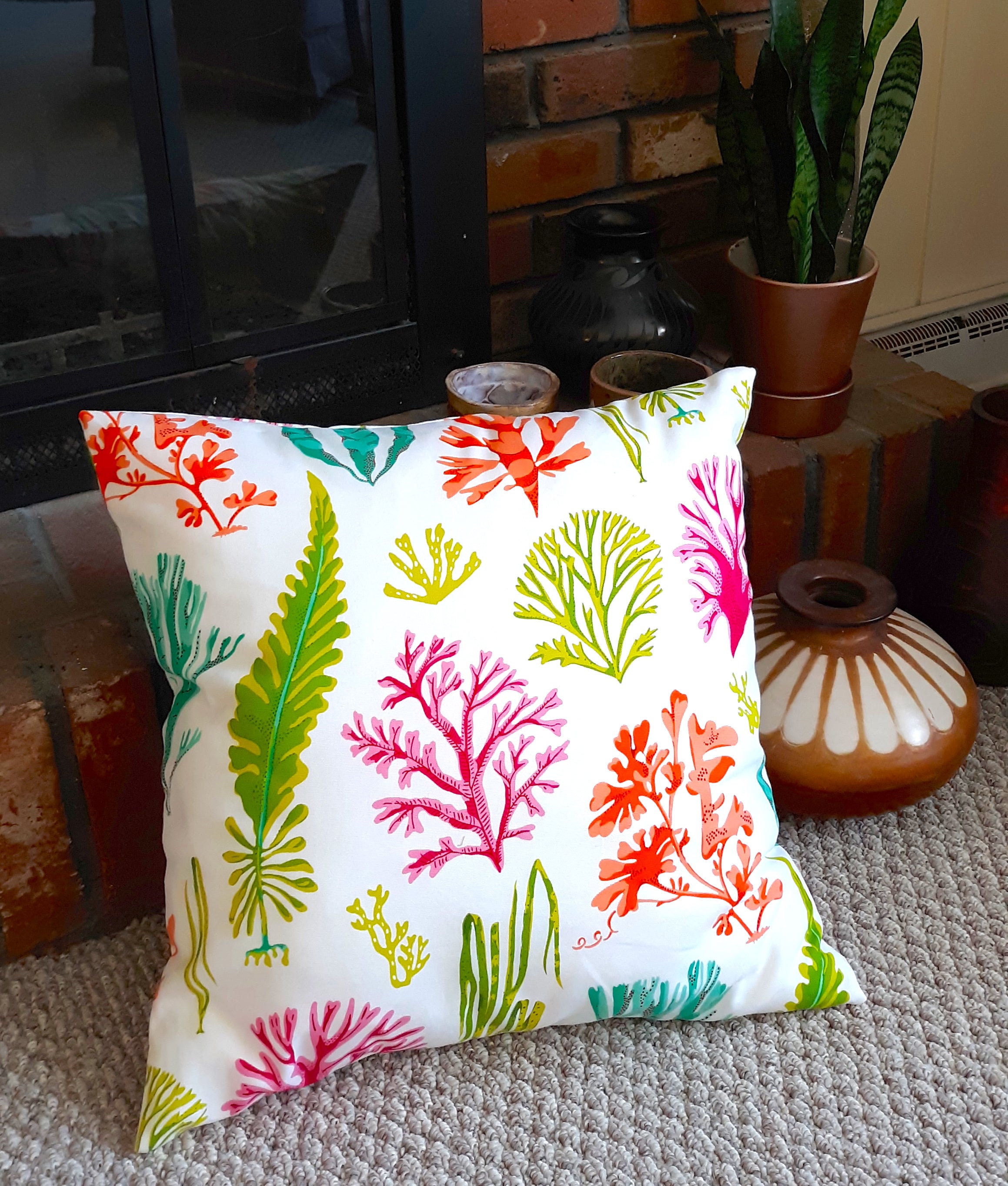 Coastal Design Throw Pillow Cover, Coral and Seaweed 100% Cotton