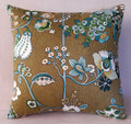 Handmade Jacobean Botanical Throw Pillow Cover, 18"x18", Teal & Cream on Olive Gold, 100% Cotton