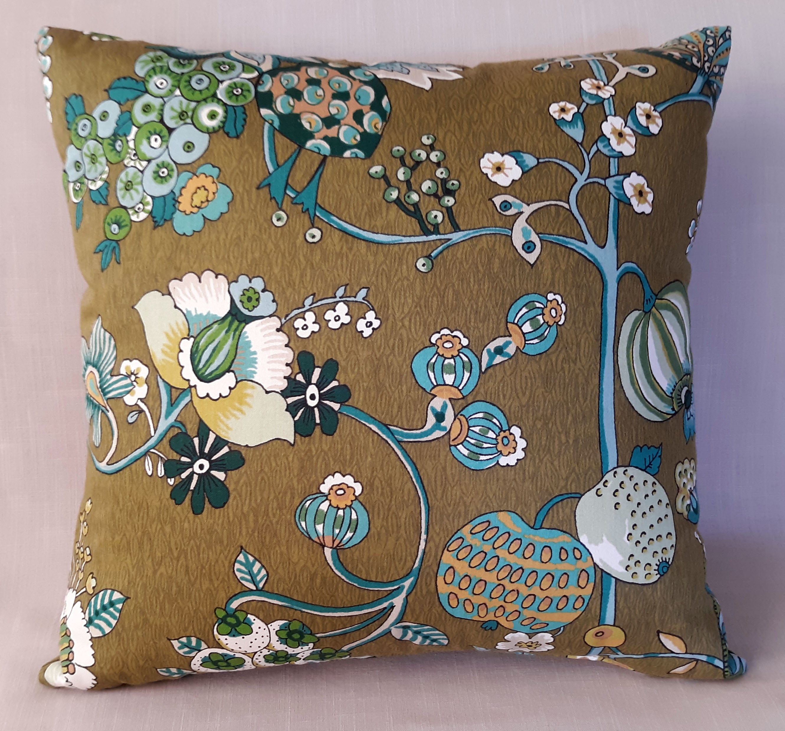 Handmade Jacobean Botanical Throw Pillow Cover, 18"x18", Teal & Cream on Olive Gold, 100% Cotton