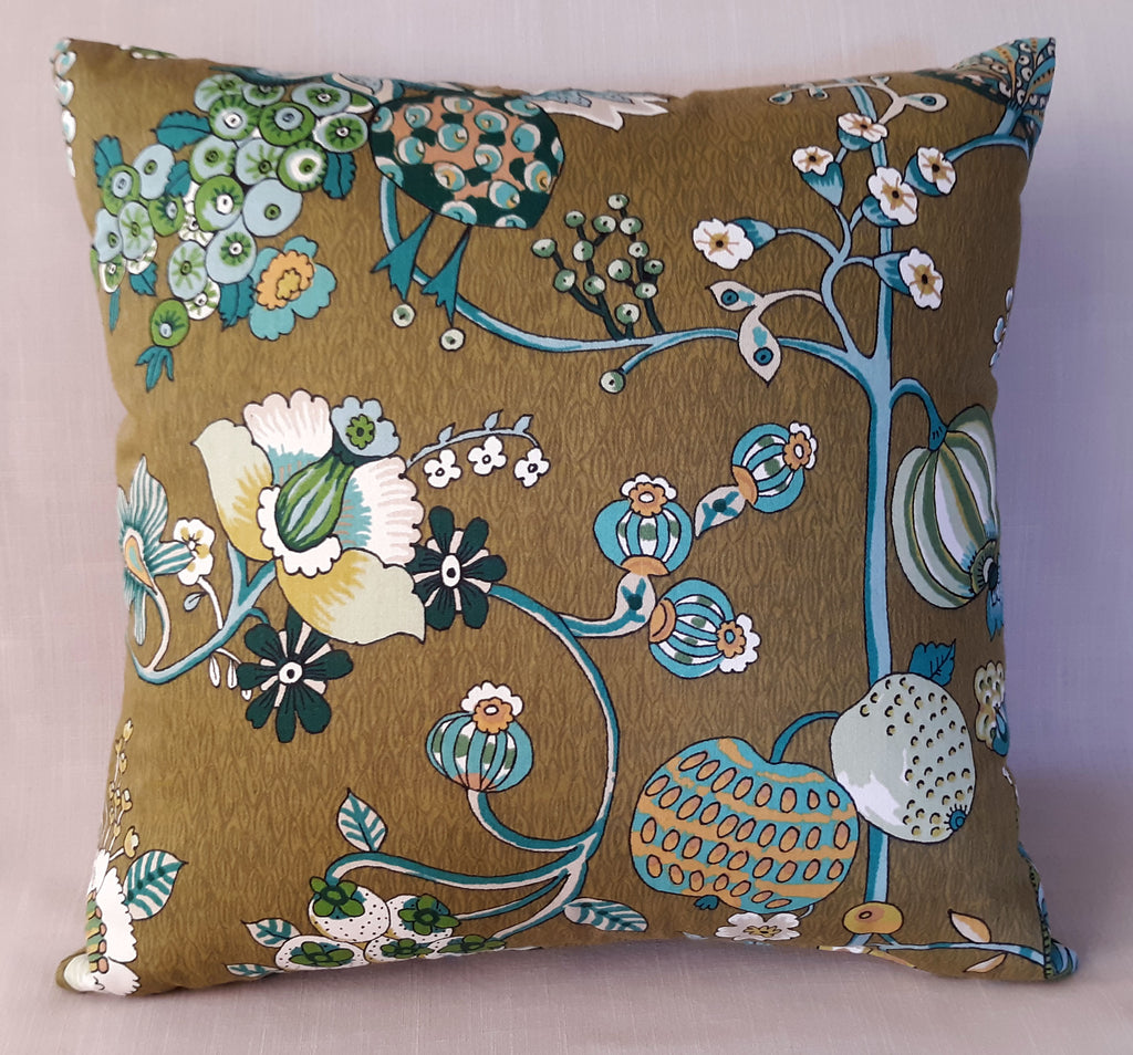 Handmade 18x18 Jacobean botanical throw pillow cover with exotic birds, flowers and vines in teal, cream and olive gold 100% cotton