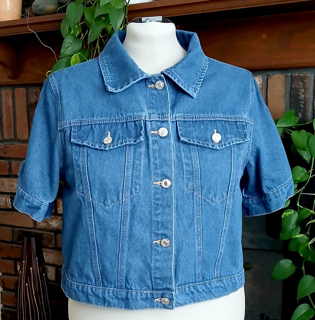 Upcycled Denim Jean Jacket, Celestial Gold Blue Quilted Panel