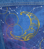 Upcycled Denim Jean Jacket, Celestial Gold Blue Quilted Panel