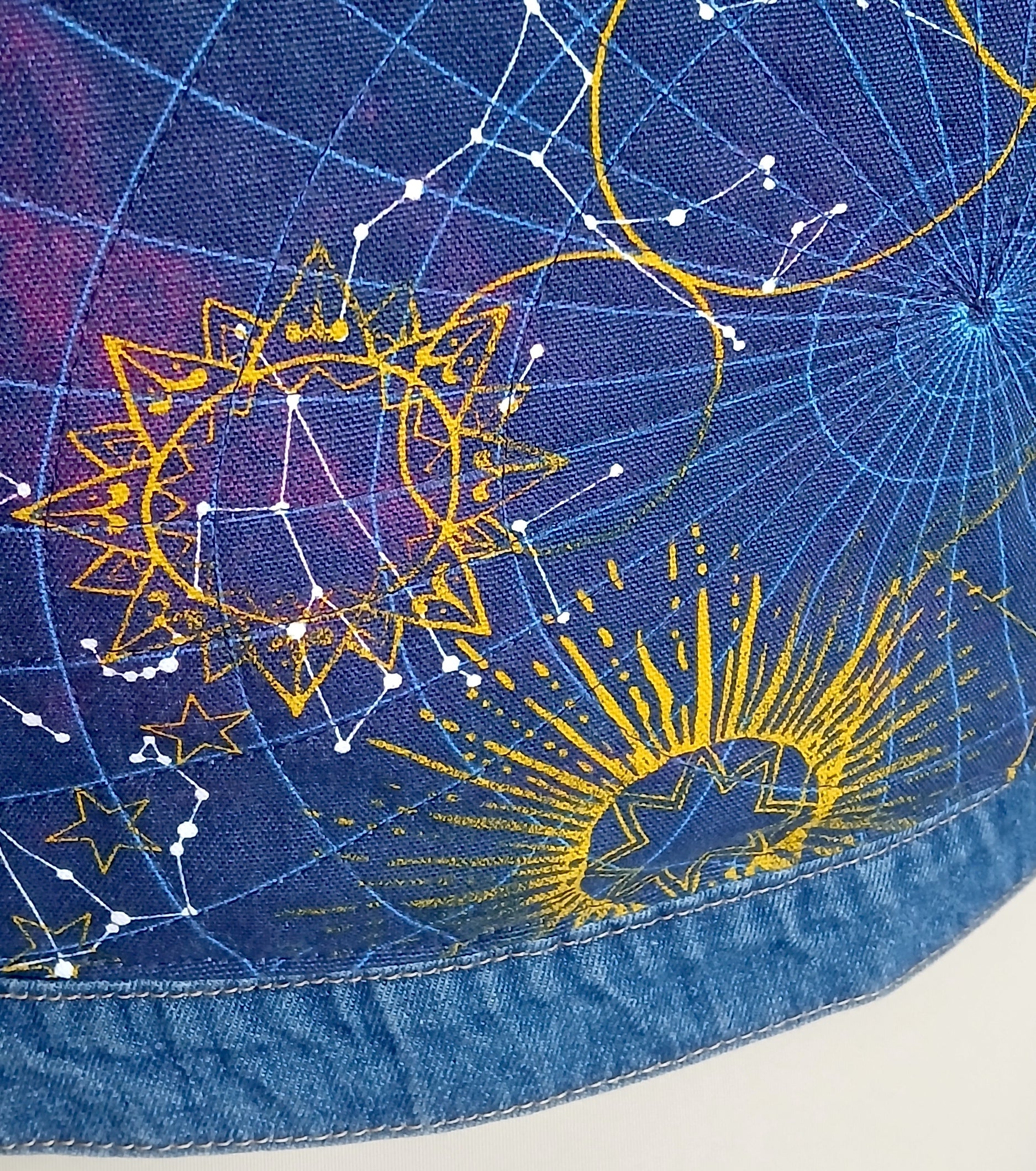 Upcycled Denim Jean Jacket, Celestial Gold Blue Quilted Panel