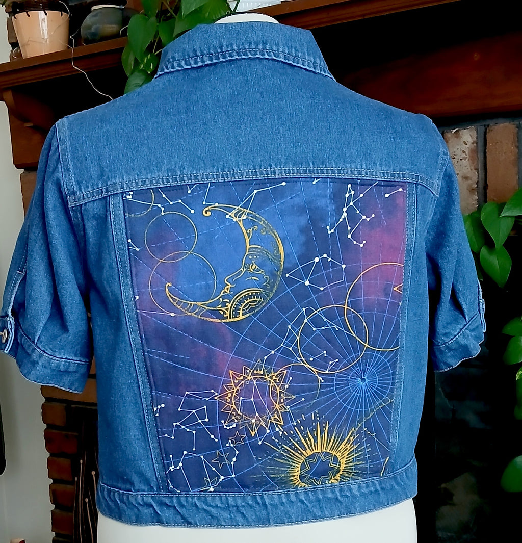 Upcycled Denim Jean Jacket, Celestial Gold Blue Quilted Panel