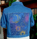 Upcycled Denim Jean Jacket, Celestial Gold Blue Quilted Panel