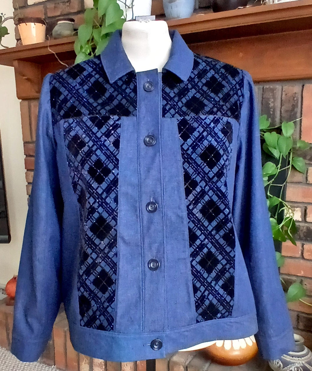 Denim & Velvet Jacket, Women's Upcycled Jacket, Navy Blue & Black