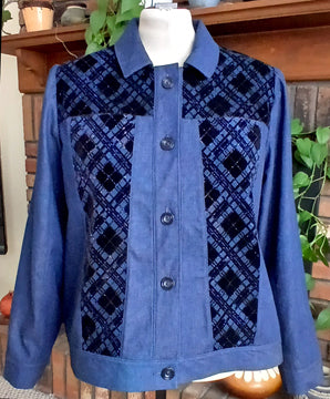 Denim & Velvet Jacket, Women's Upcycled Jacket, Navy Blue & Black