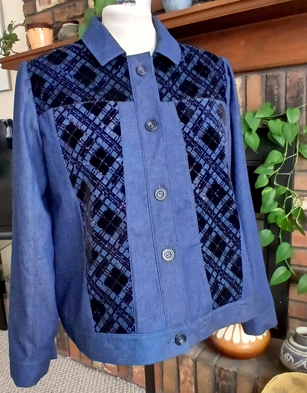 Denim & Velvet Jacket, Women's Upcycled Jacket, Navy Blue & Black